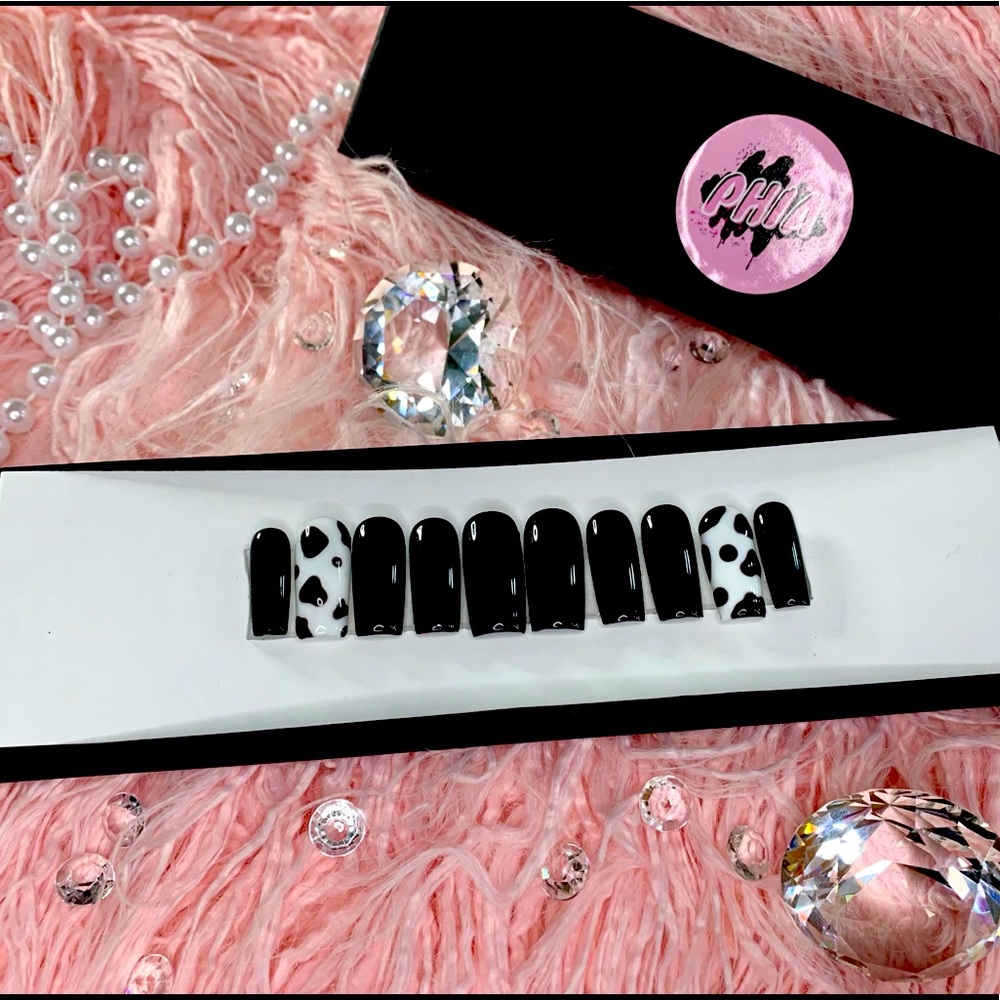 Cow Print Long Square Press On Nail Set